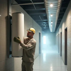 Tecnico che sostituisce un filtro aria HVAC in un'area wellness di un centro spa