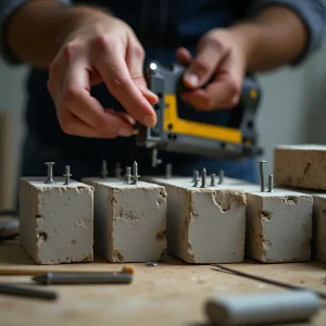 Tecnico in officina confronta chiodi diversi accanto a una chiodatrice a stecca e a supporti come calcestruzzo e mattone pieno
