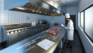 Cucina professionale di ristorante con celle frigorifere, etichette di tracciabilità e controllo della carne prima della griglia